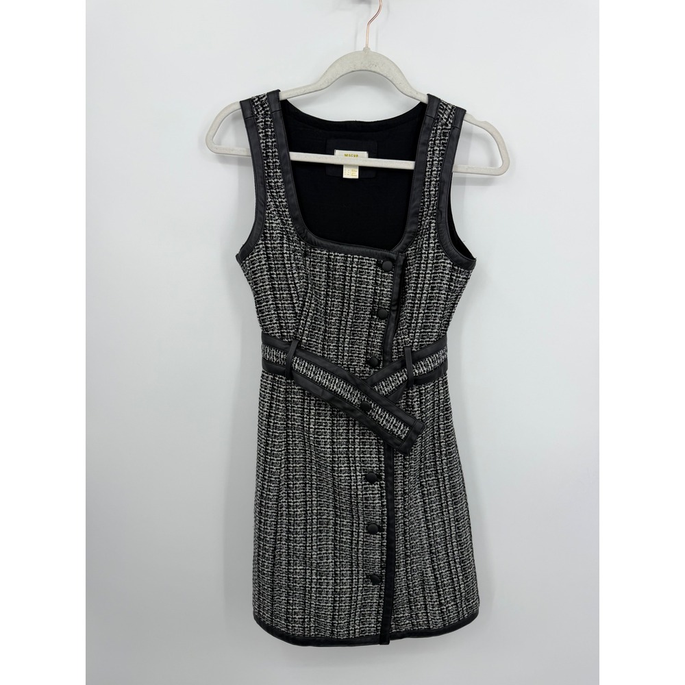 Maeve Anthropologie Tweed Mini Dress sz 0 Black White Faux Leather Trim Belted